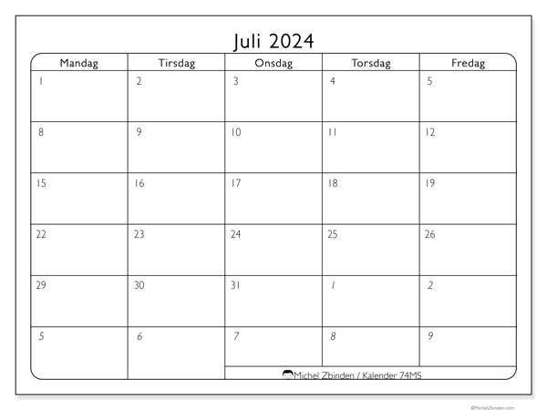 Kalender til udskrivning, juli 2024, 74MS