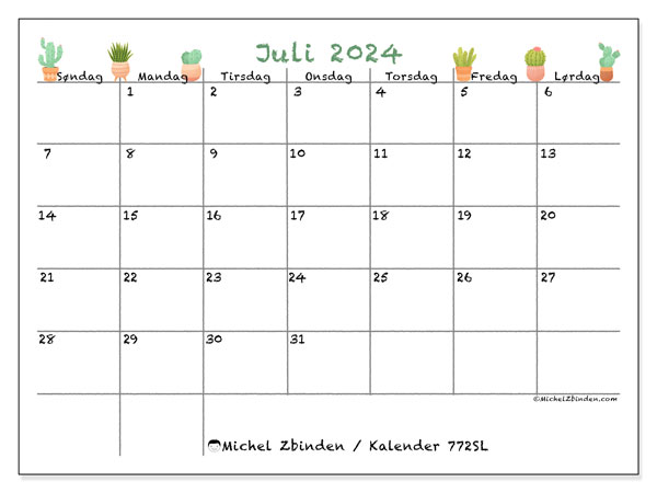 Kalender juli 2024 “772”. Gratis kalender til print.. Søndag til lørdag