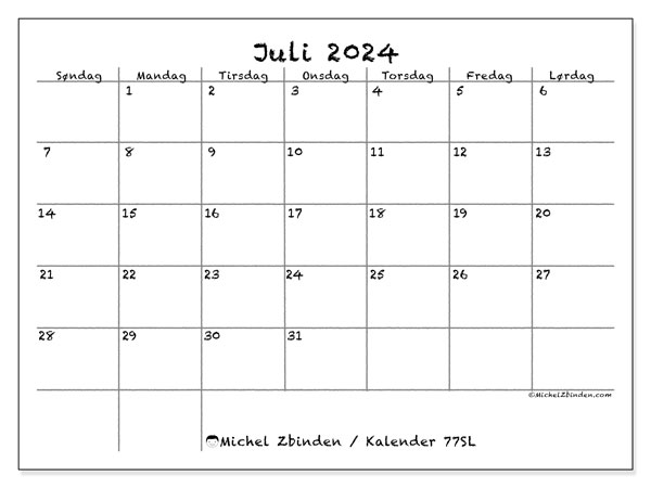 Kalender juli 2024 “77”. Gratis plan til print.. Søndag til lørdag