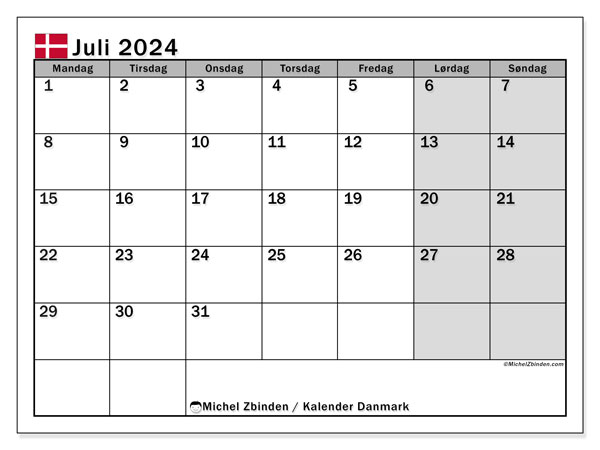 Kalenteri heinäkuu 2024 “Tanska”. Ilmainen tulostettava kalenteri.. Maanantaista sunnuntaihin