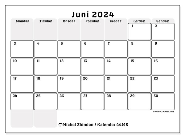 Kalender juni 2024 “44”. Gratis kalender til print.. Mandag til søndag