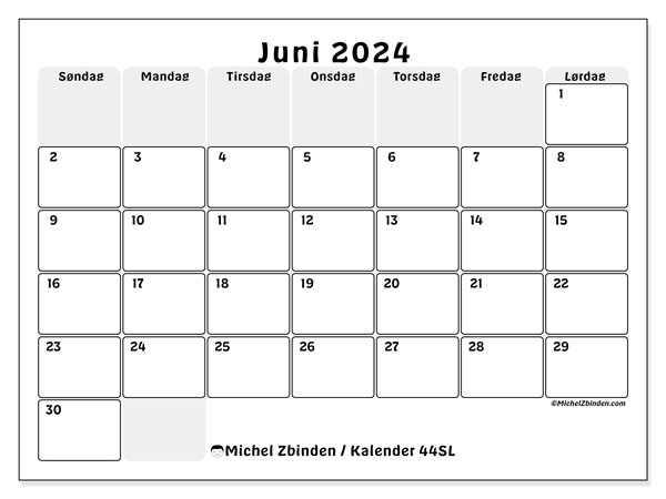 Kalender juni 2024 “44”. Gratis kalender til print.. Søndag til lørdag