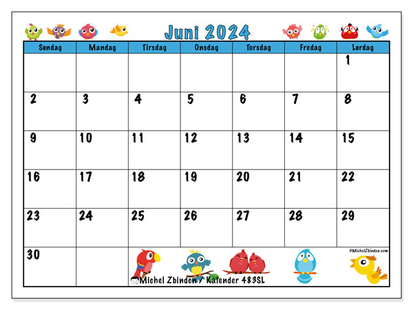 Kalender juni 2024, 483SL. Gratis plan til print.