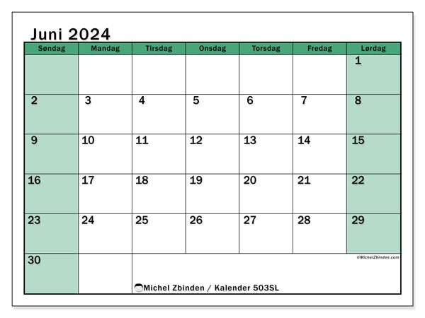 Kalender juni 2024 “503”. Gratis program til print.. Søndag til lørdag