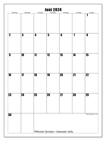 Kalender juni 2024, 52SL. Gratis plan til print.