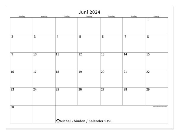 Kalender til udskrivning, juni 2024, 53SL