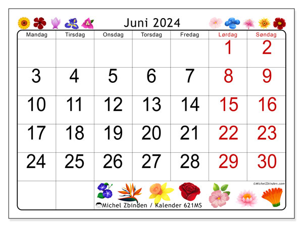 Kalender juni 2024 “621”. Gratis plan til print.. Mandag til søndag