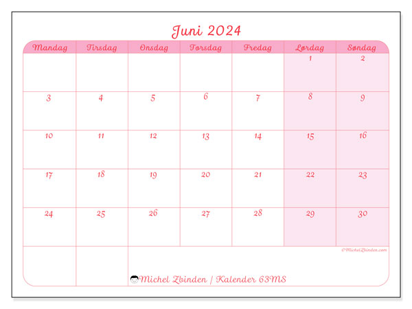 Kalender juni 2024, 63SL. Gratis plan til print.