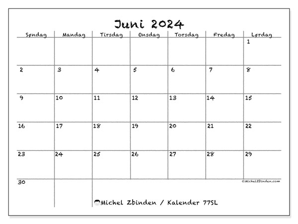 Kalender juni 2024 “77”. Gratis kalender til print.. Søndag til lørdag