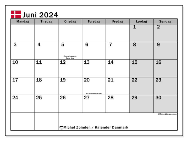 Calendário Junho 2024 “Dinamarca”. Programa gratuito para impressão.. Segunda a domingo