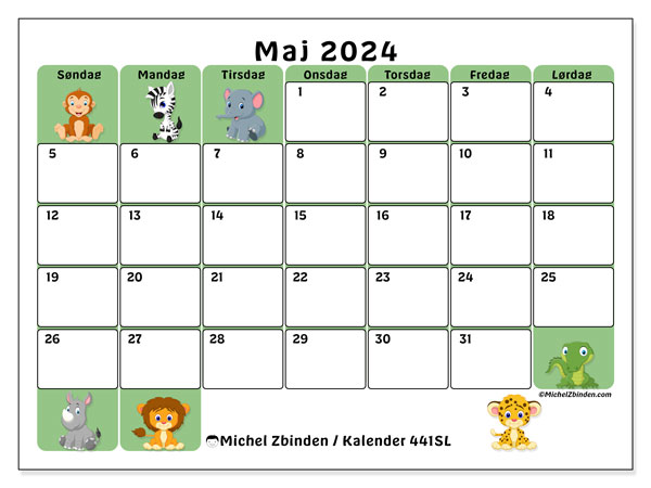 Kalender maj 2024 “441”. Gratis kalender til print.. Søndag til lørdag