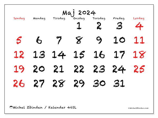 Kalender maj 2024 “46”. Gratis kalender til print.. Søndag til lørdag