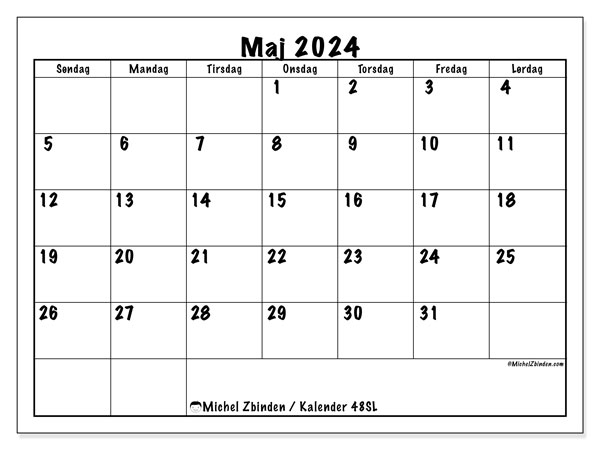Kalender maj 2024 “48”. Gratis kalender til print.. Søndag til lørdag