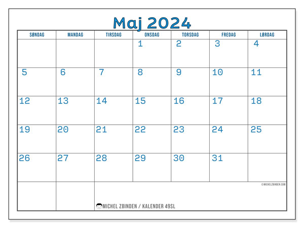 Kalender til udskrivning, maj 2024, 49SL