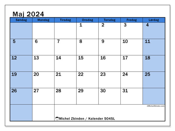 Kalender maj 2024 “504”. Gratis kalender til print.. Søndag til lørdag