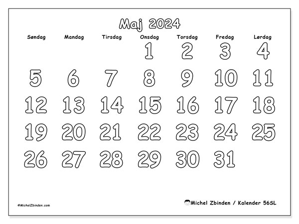 Kalender maj 2024 “56”. Gratis kalender til print.. Søndag til lørdag