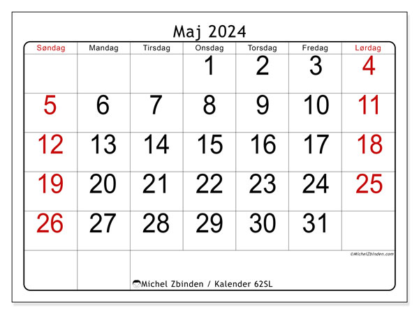Kalender maj 2024 “62”. Gratis program til print.. Søndag til lørdag