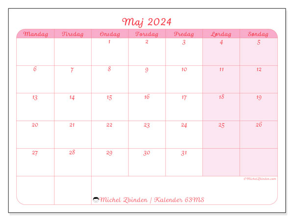 Kalender maj 2024 “63”. Gratis program til print.. Mandag til søndag