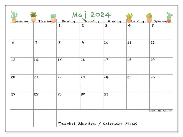 Kalender til udskrivning, maj 2024, 772MS