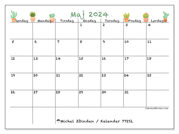 Kalender maj 2024 “772”. Gratis plan til print.. Søndag til lørdag