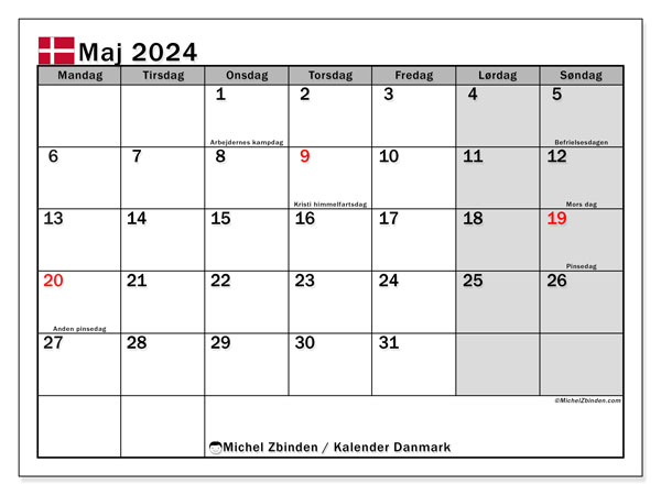 Kalender maj 2024 “Danmark”. Gratis kalender som kan skrivas ut.. Måndag till söndag