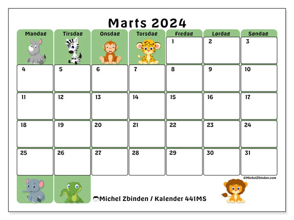 Kalender marts 2024, 441SL. Gratis kalender til print.