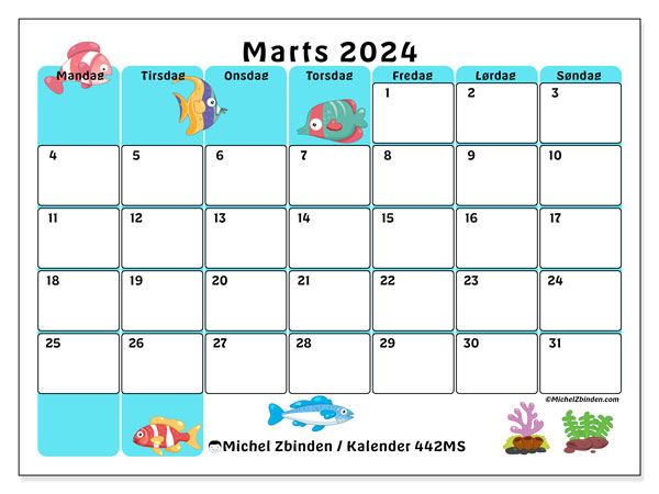 Kalender marts 2024, 442MS. Gratis kalender til print.