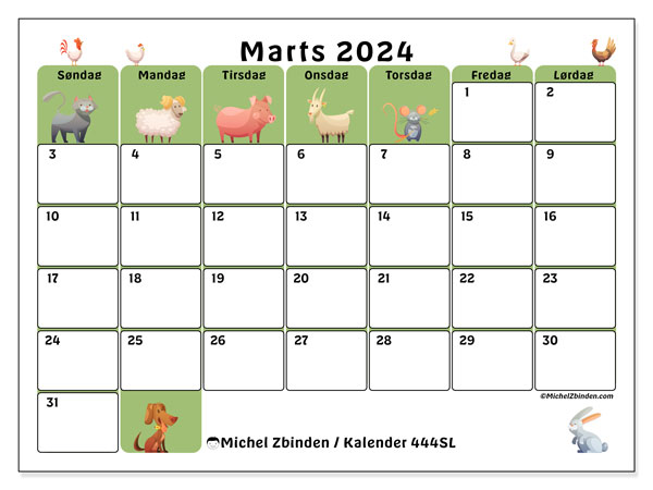 Kalender marts 2024 “444”. Gratis program til print.. Søndag til lørdag