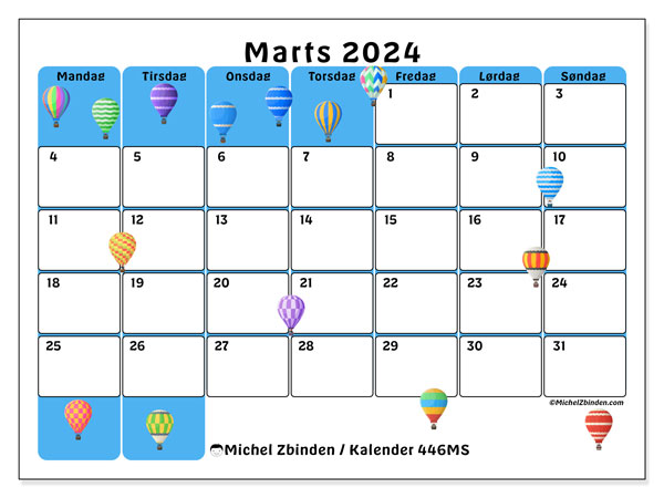 Kalender marts 2024, 446MS. Gratis kalender til print.