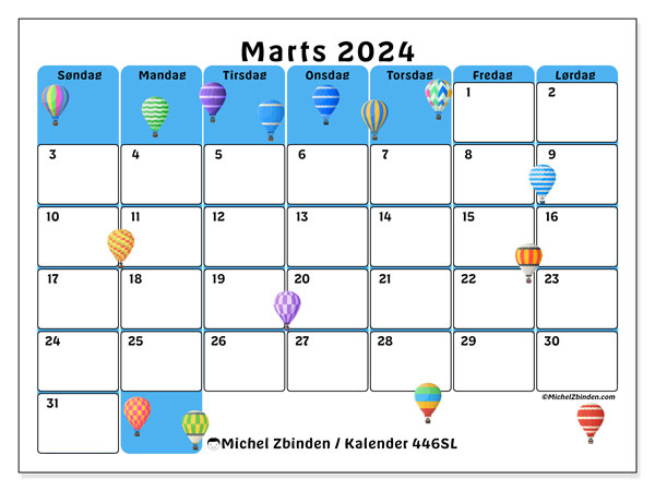 Kalender marts 2024, 446SL. Gratis plan til print.