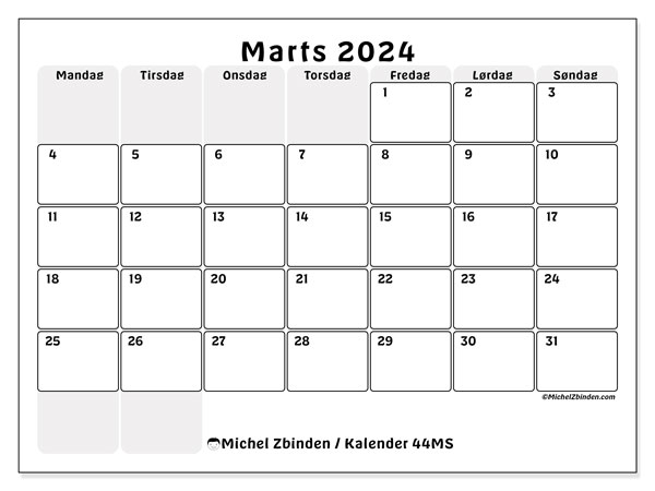 Kalender marts 2024, 44SL. Gratis plan til print.