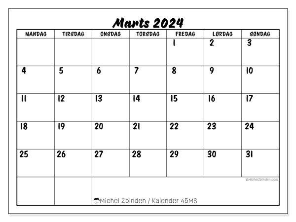 Kalender marts 2024, 45SL. Gratis kalender til print.