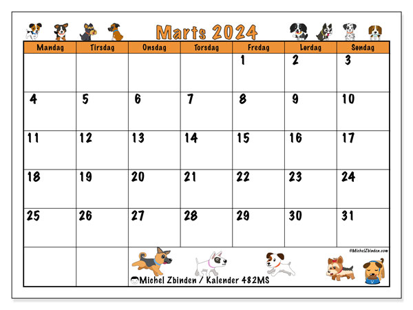 Kalender til udskrivning, marts 2024, 482MS