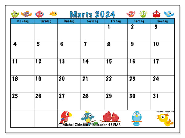 Kalender marts 2024 “483”. Gratis kalender til print.. Mandag til søndag