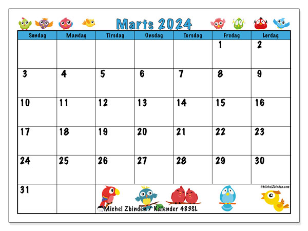 Kalender marts 2024 “483”. Gratis kalender til print.. Søndag til lørdag