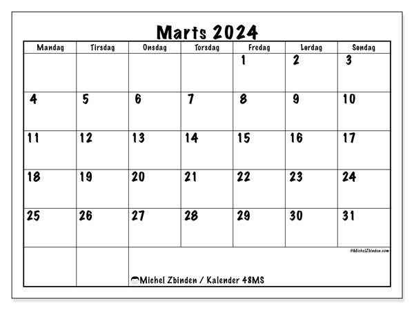 48MS, kalender marts 2024, til gratis udskrivning.