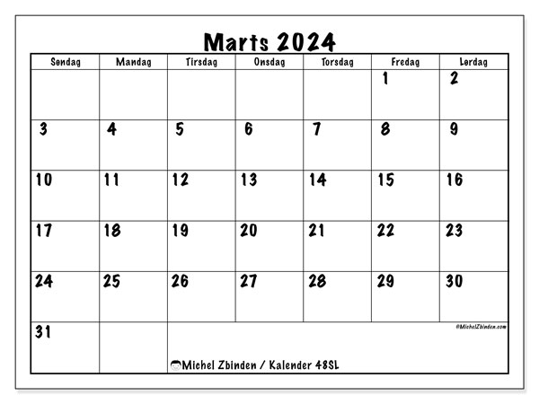 Kalender marts 2024 “48”. Gratis plan til print.. Søndag til lørdag