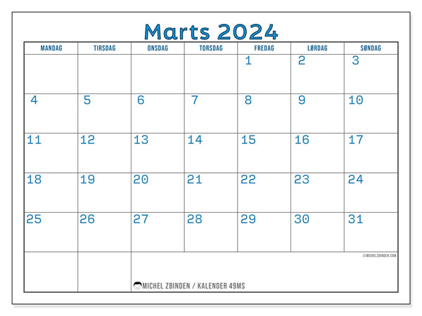Kalender marts 2024, 49MS. Gratis kalender til print.