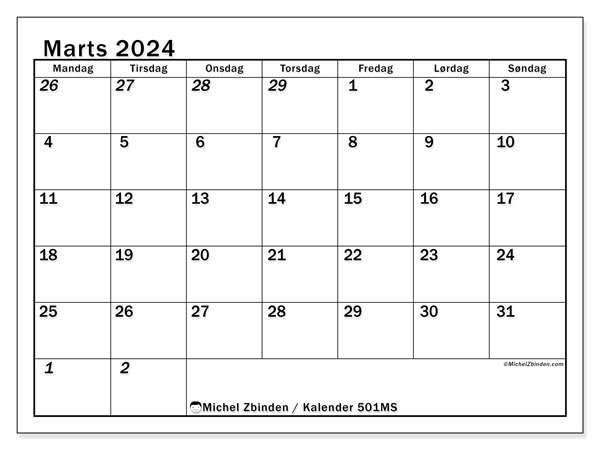 Kalender marts 2024 “501”. Gratis kalender til print.. Mandag til søndag