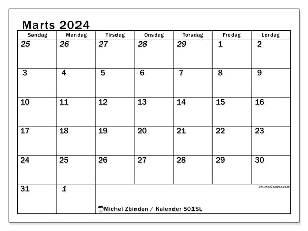 Kalender marts 2024 “501”. Gratis kalender til print.. Søndag til lørdag