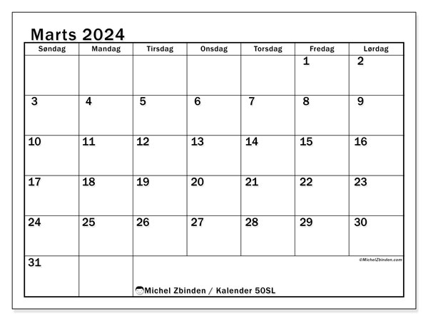 Kalender marts 2024 “50”. Gratis kalender til print.. Søndag til lørdag