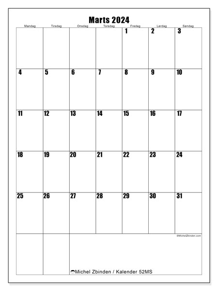 Kalender marts 2024, 52SL. Gratis kalender til print.