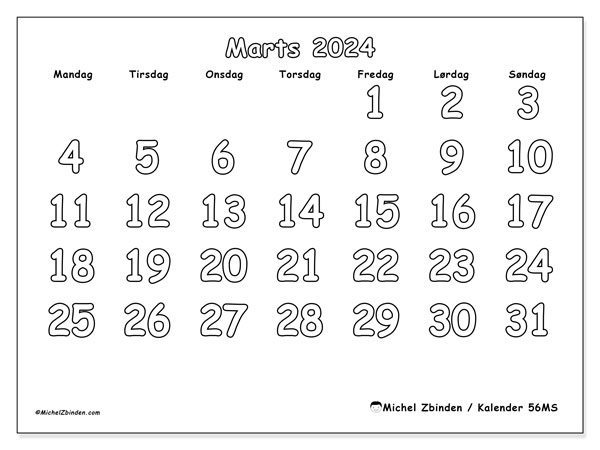 Kalender marts 2024 “56”. Gratis plan til print.. Mandag til søndag