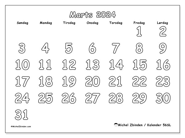 Kalender marts 2024 “56”. Gratis plan til print.. Søndag til lørdag