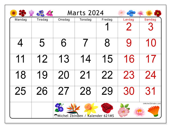 Kalender marts 2024 “621”. Gratis kalender til print.. Mandag til søndag