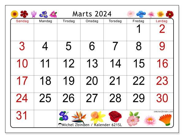 Kalender marts 2024 “621”. Gratis kalender til print.. Søndag til lørdag
