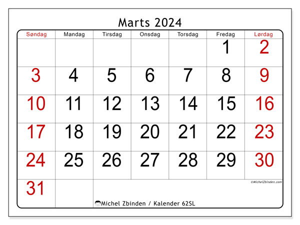 Kalender marts 2024, 62SL. Gratis kalender til print.