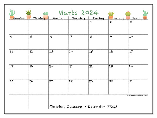 Kalender til udskrivning, marts 2024, 772MS