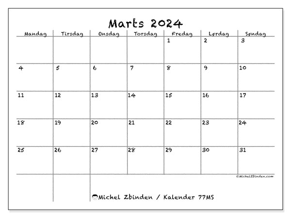 Kalender marts 2024, 77SL. Gratis plan til print.