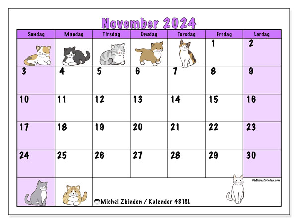 Kalender november 2024 “481”. Gratis program til print.. Søndag til lørdag
